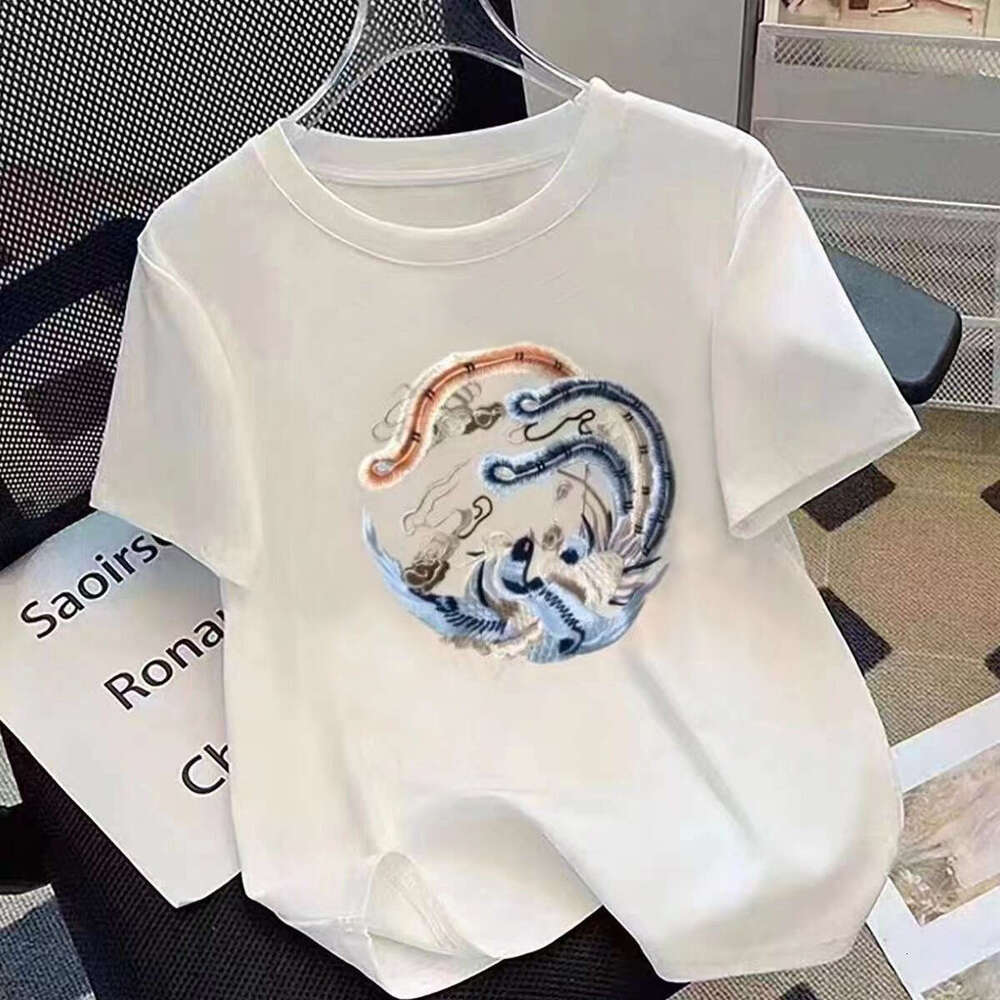Summer Chinese Style Vintage Embroidery Frog T-shirt Ladies Loose Casual Fashion All-match Short Sleeve Tee Top Women Pullovers