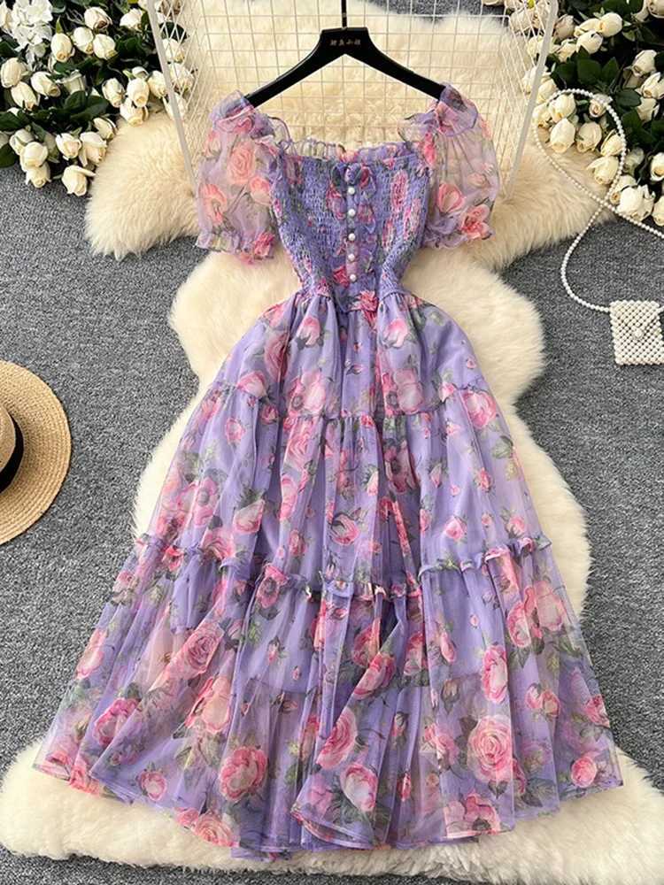 Summer Vintage French Mesh Dress for Women New Waist Cinched Slash Neck Bubble Sleeves Sweet Floral Chiffon Dress Female C146 X260306