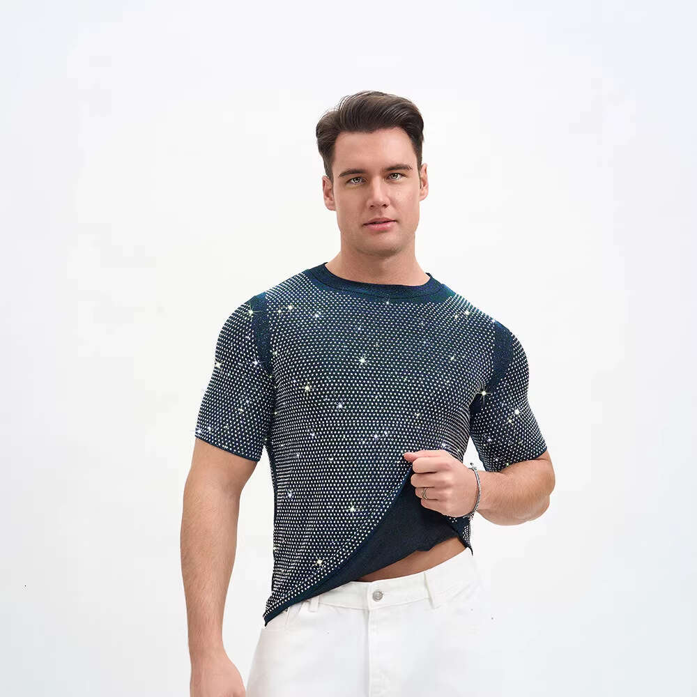 New European and American men's clothing, American-style breathable double-layer short-sleeve T-shirt, rhinestone party nightclub outfit