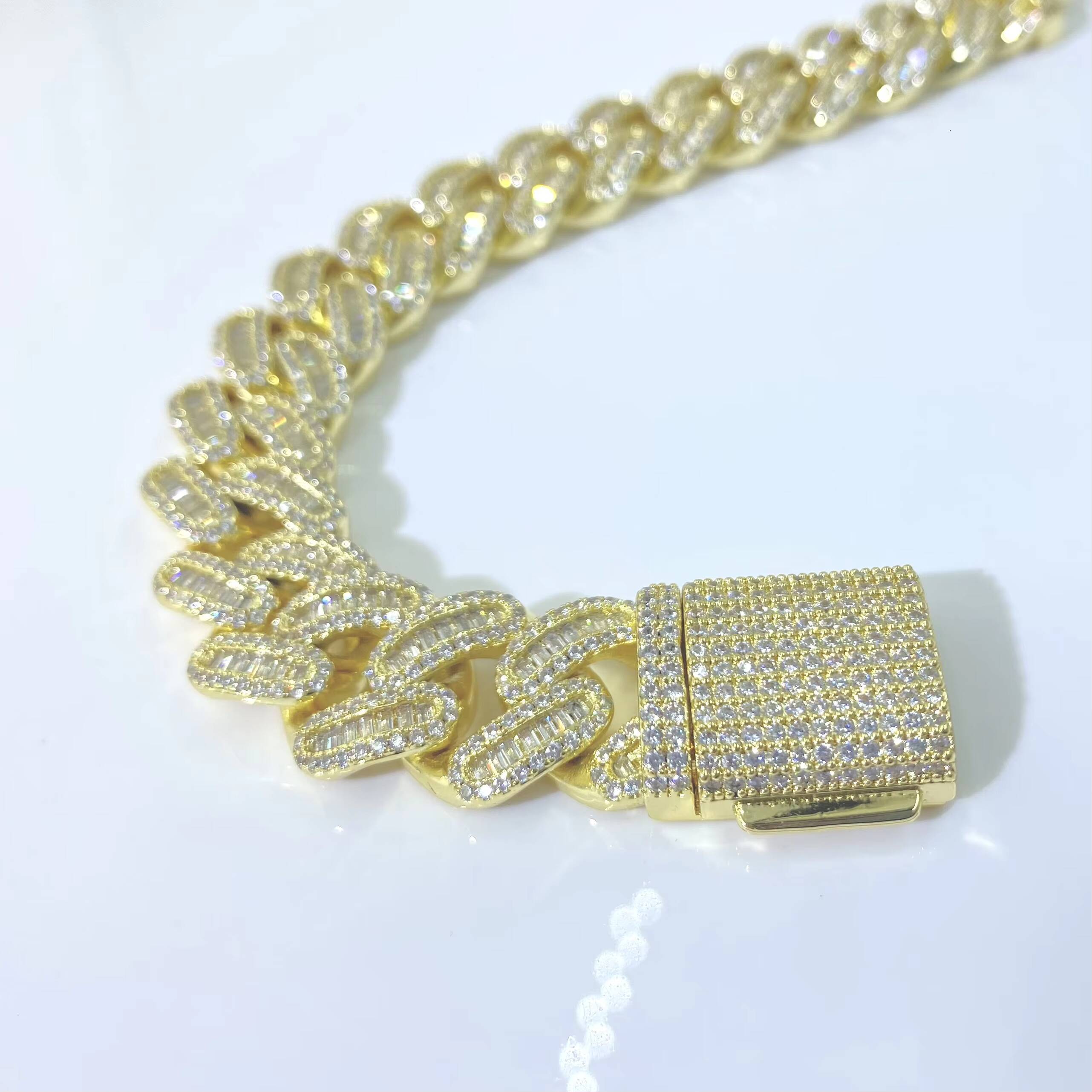 Moissanite Cuban Silver Over Silver Iced Out Chain Unisex Hip Hop Cuban Link White Brass Bracelets
