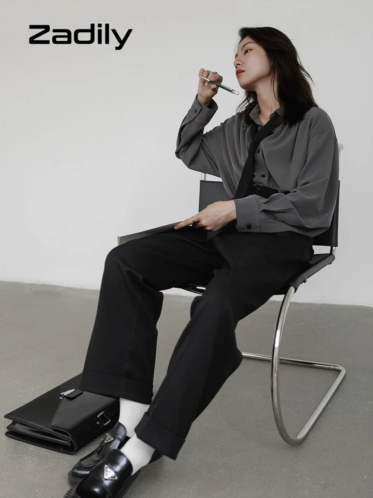 Korean Style Minimalist Oversized Blouse Women Long Sleeve Button Down Shirt with Detachable Tie for Office Casual Wear 260306