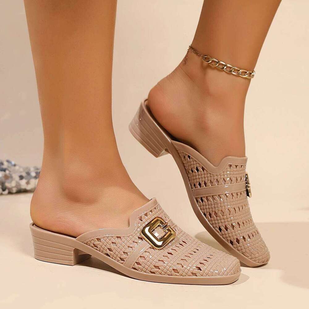 2026 New Women's Fashion Hollow Slippers Summer Mid Heel Soft Beach Buckle Sliding Shoes Outside