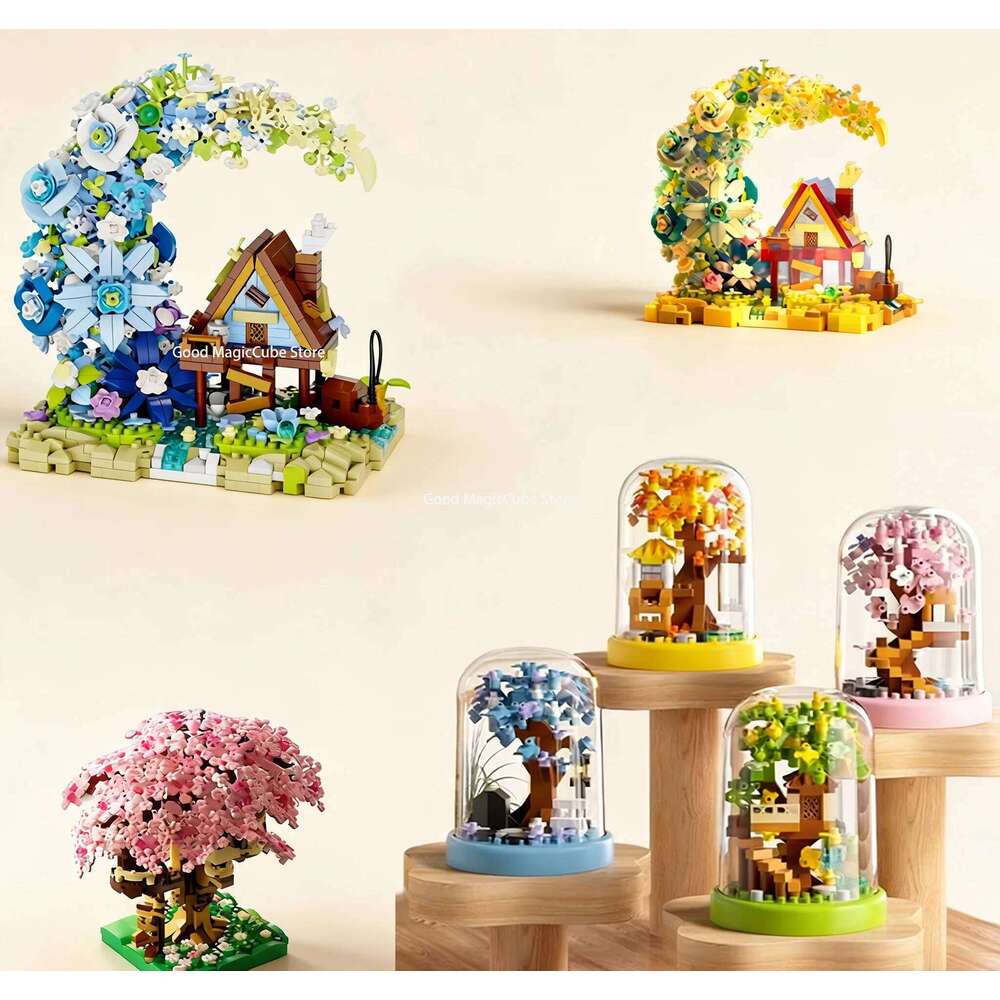 Four season Mini Sakura Moon Flower Wooden House Tree Micro Building Block Diamond Brick Toy for Children Z260306