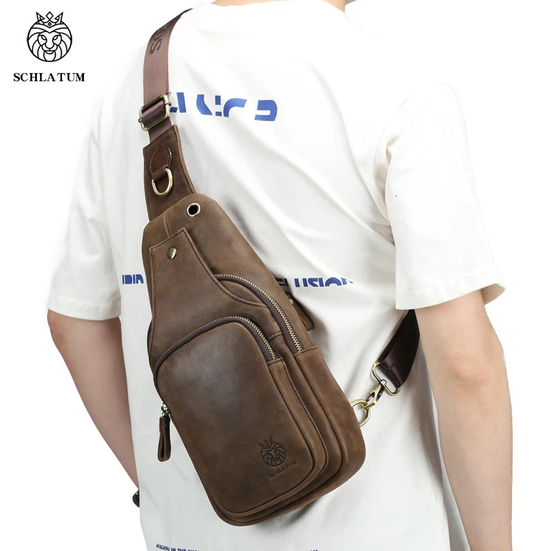 SCHLATUM 100Genuine Leather Chest Bag Casual Triangle Crossbody Travel Shoulder Backpack Men Leather Multifunctional Bag 260305