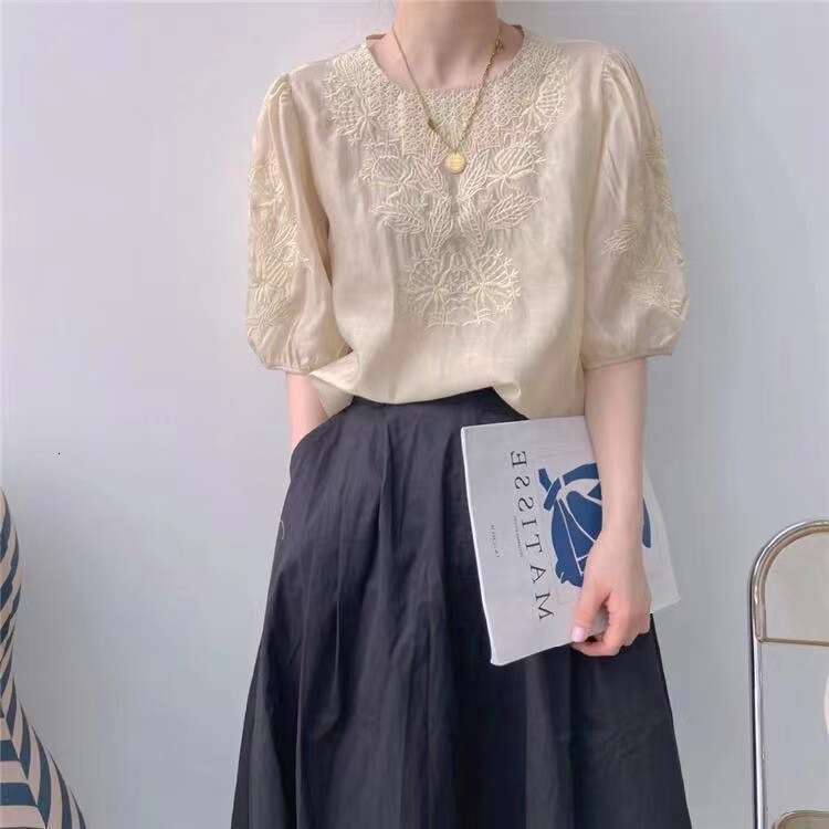 Mardi Hefxessdr Embroidered Shirt Short Sleeve Women's Bubble Sleeve Top Stylish Casual Simple Style Summer New Arrival Chinese style shirt women