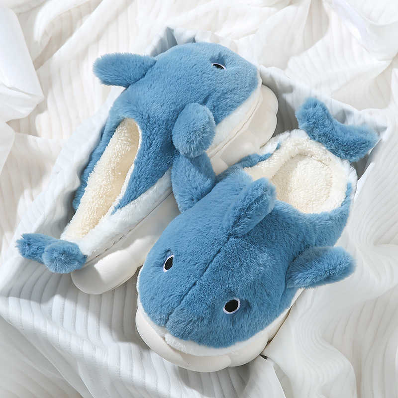 Cute Whale Cotton Slippers Female Winter Couple Indoor Home Mens Winter Cartoon Wool Slippers S260305