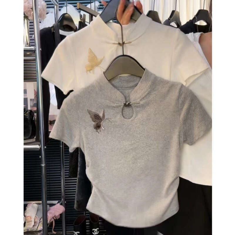 Chinese women's T-shirt new fashionable slim fit solid color butterfly embroidery top versatile Y2K style sexy fashion