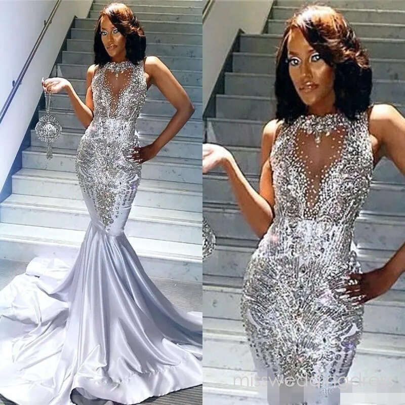 Mermaid Style Prom Gowns Sheer Neck Silver Beaded Evening Dress - Sleeveless Sequins Special Occasion Gown with Sweep Train WM06