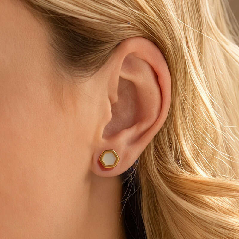 Women's Vintage Earrings: Natural Opal Faceted Hexagonal Stud Earring Stainless Steel Gold-plated Simple Compact Exquisite Light Luxury Jewelry f