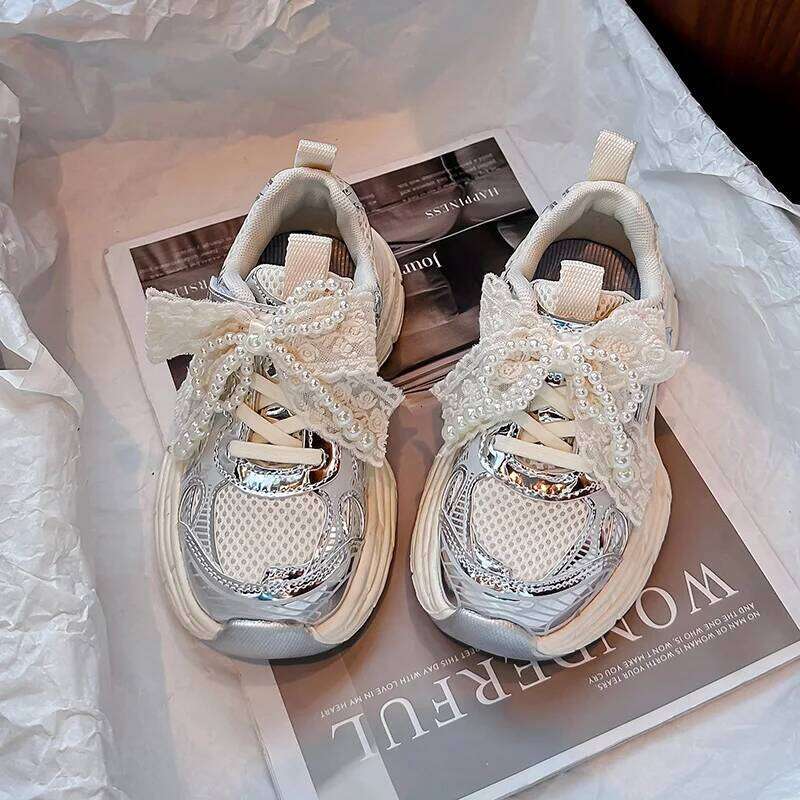 Girls Sweet Gauze Bow Decorative Sneakers New Spring and Autumn Breathable Fashion Beaded Children's Running Shoes. 26Y0304