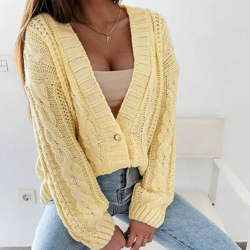 Winter Women Knitted Cardigan Sweater V-neck Long Sleeve Fried Dough Twists Solid Color Casual Autumn Elegant Lady Casual Coat M260306