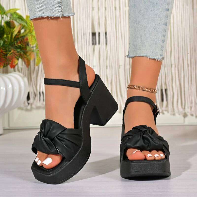 2026 new summer comfortable and elegant high-heeled sandals with fashionable temperament bow tie thick heel casual women's shoes