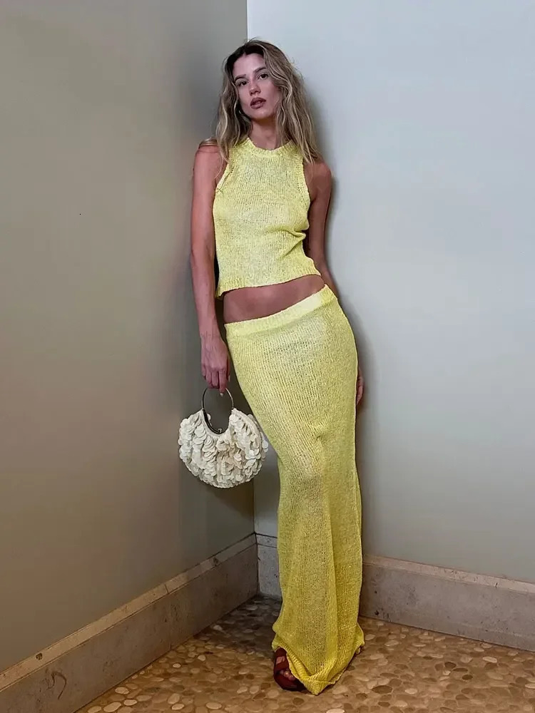 Sexy Transparent Sleeveless Shiny Camisole Tank Top Long Dress Two Piece Set 2025 Fashion Elastic Waist Wrap Hip Knitted K68 260228