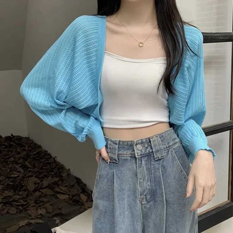 Fashion Hollow Out Sunscreen Cardigan Women Lantern Sleeve Thin Short Knitted Cardigans Woman Elegant Simple Crop Smock Top M260306