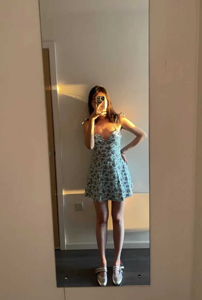 ETJ 2025 Summer new womens fashion and sexy V-neck floral printed poplin French adjustable lace-up dress X260306