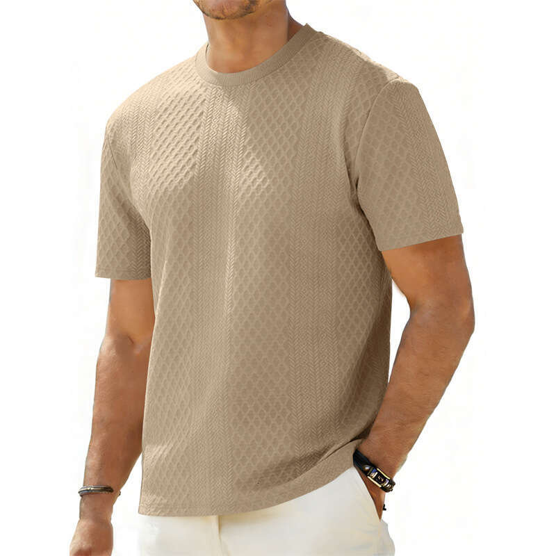 Cross-border Amazon Tiktok Summer New Men's Jacquard Textured T-shirt Casual Loose Solid Color Round Neck Short Sleeve