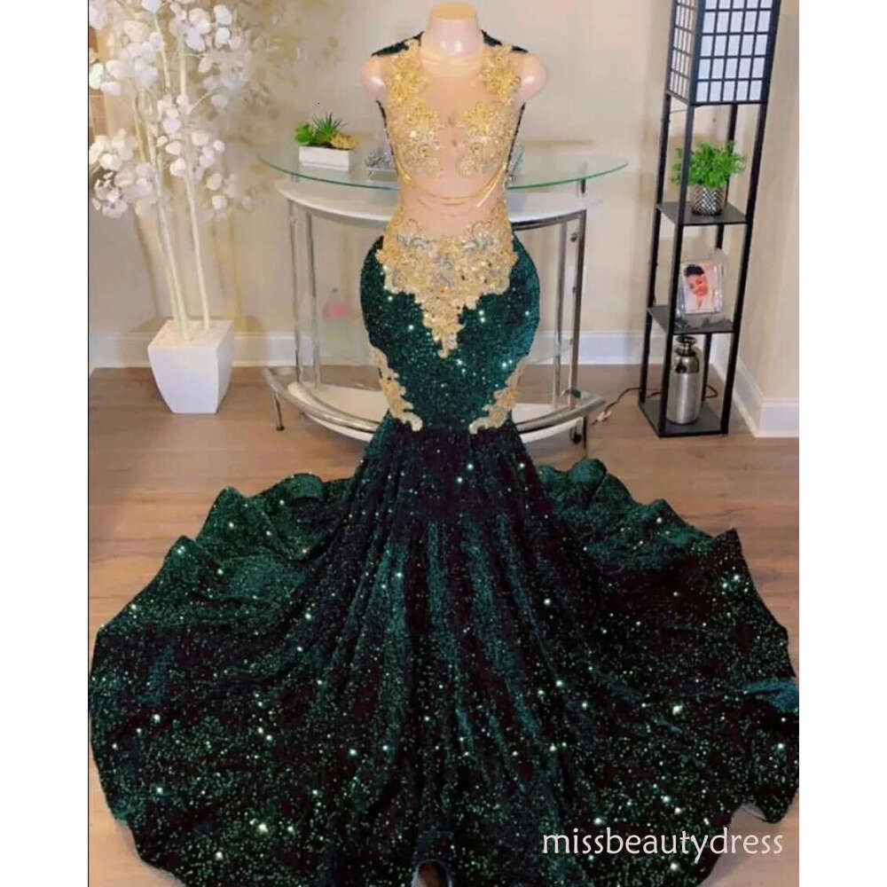 Arabic Aso Ebi emerald Green Evening Dresses sheer Lace velvet Beaded Mermaid Prom Reception Birthday Engagement Gowns M03