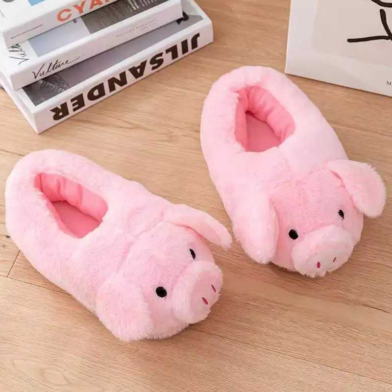 Cute Pig Winter New Women Slipper Heel Cover Warm Slippers Soft Fur Indoor Comfortable Fluffy Home Slides Girls Cartoon Footwear S260305