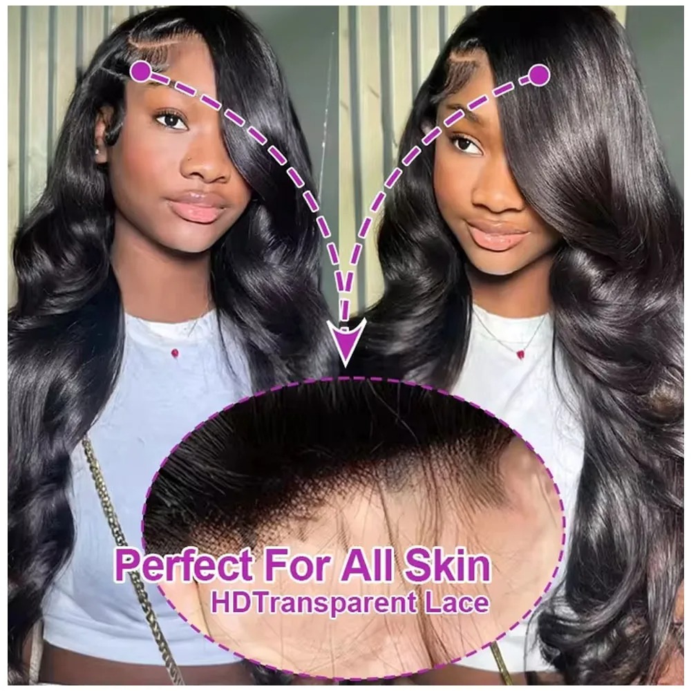 Body Wave 13x6 HD Transparent Lace Front Human Hair Wig 40 Inch Pre Plucked 220 Density Wear and Go Glueless Lace Frontal Wigs for Women