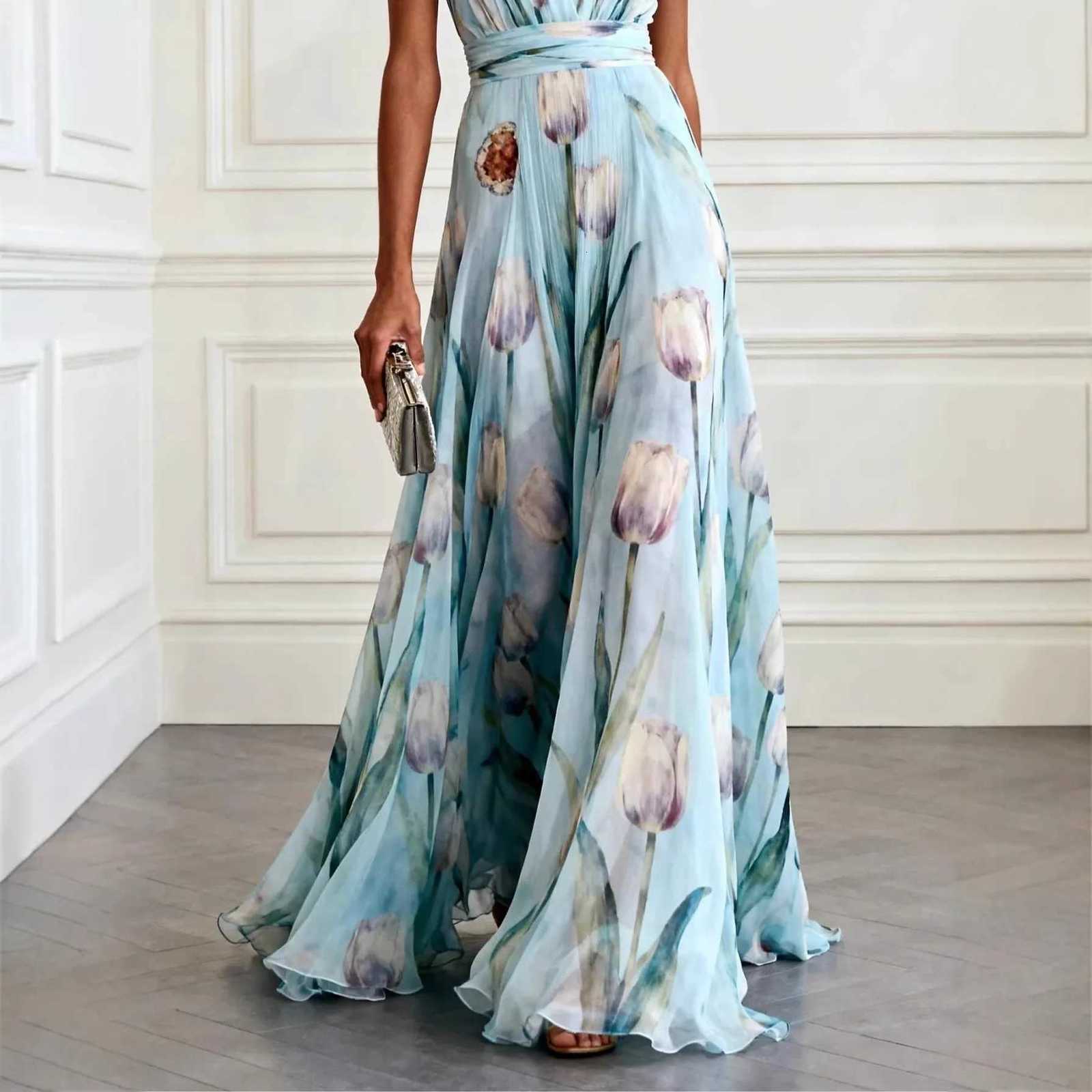 2026 New Blue Tune Tulip Print Sleeveless V Neck Chiffon Evening Gown Elegant Flowy Long Banquet Dress X260306