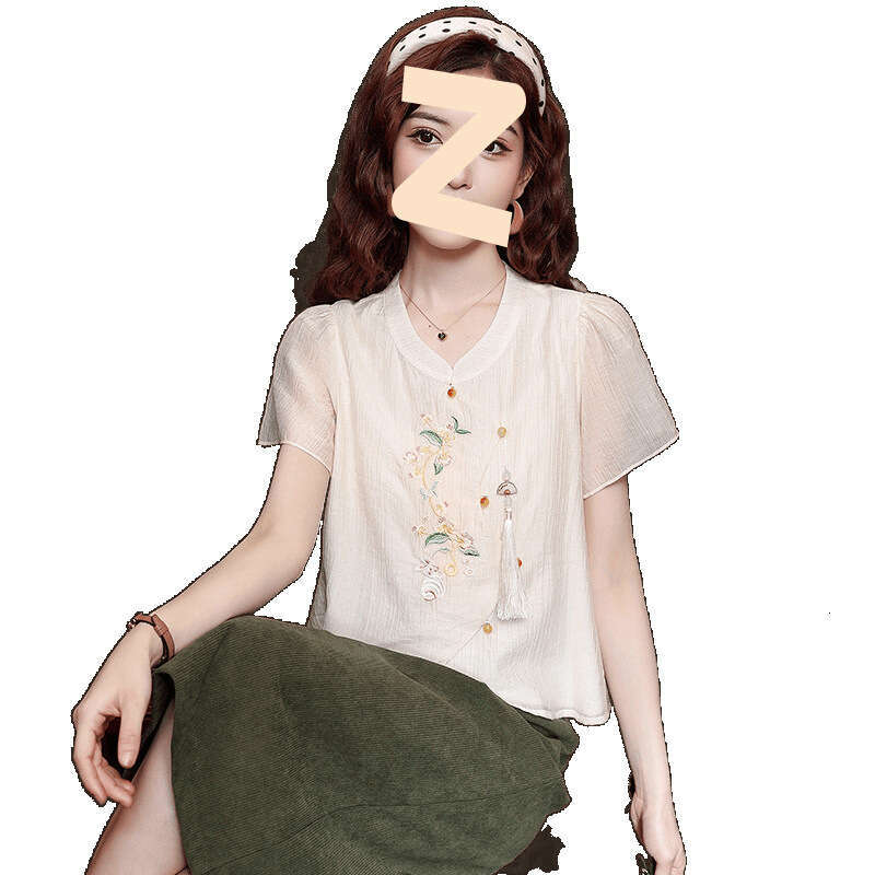 Ladies Embroidered Tops Short Sleeve Shirts Chinese Style Buttons Fashion Trend Irregular Summer New Style 2025 Stand-up Collar