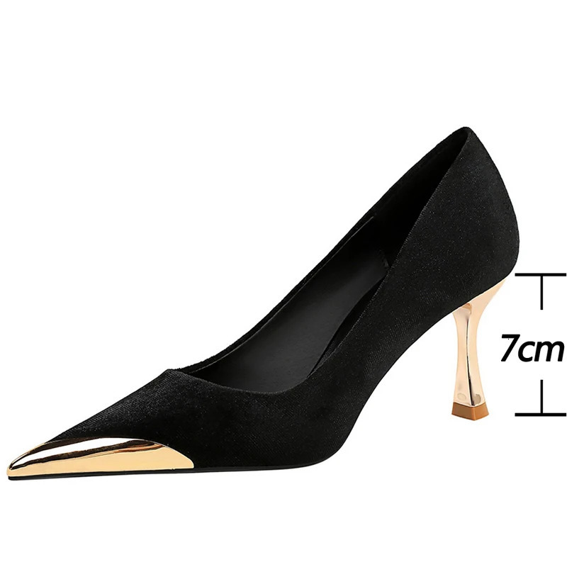 Large size 43 Women 7 Cm Heels Metal Pointed Women Pumps Fashion Kitten Heels Sexy Party Shoes Women Suede Lady Heels 260306