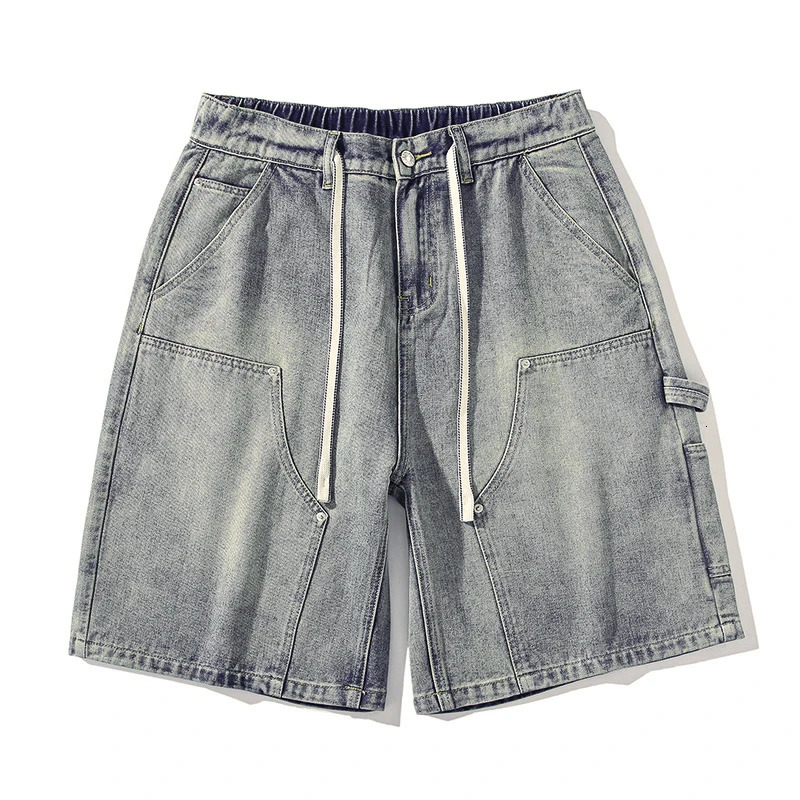 Fashion Streetwear Mens Denim Shorts Summer Loose Vintage Harajuku Splicing Hip-hop Cargo Moto Short Jeans Black Blue 260306