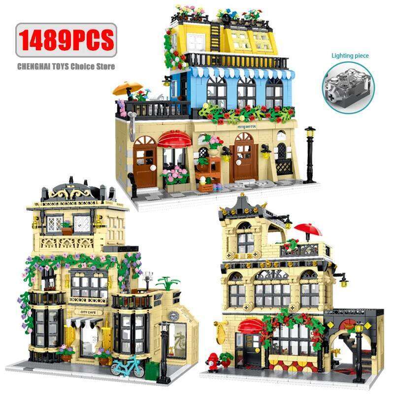 1443-1489pcs Creative City Cafe Light Streetview Building Blocks Bricks Model Sets MOC Modular Architecture Boys Toys Kids Gifts Z260306