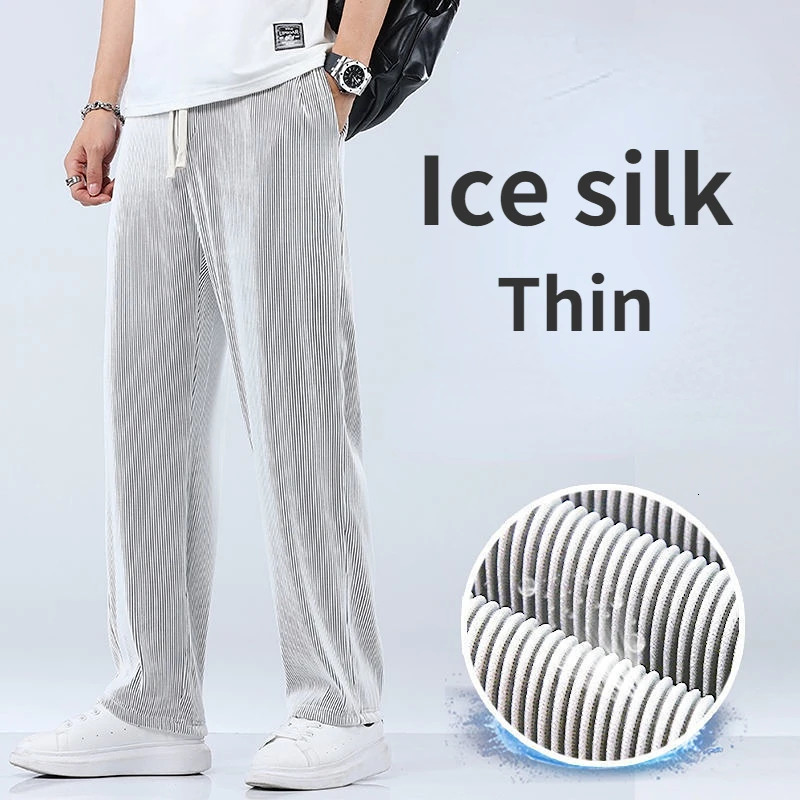 Summer Straight Pants Mens Loose Thin Section Drape Ice Silk Pants Wide Leg Sports Pants Casual Pants Fits 100kg 260306