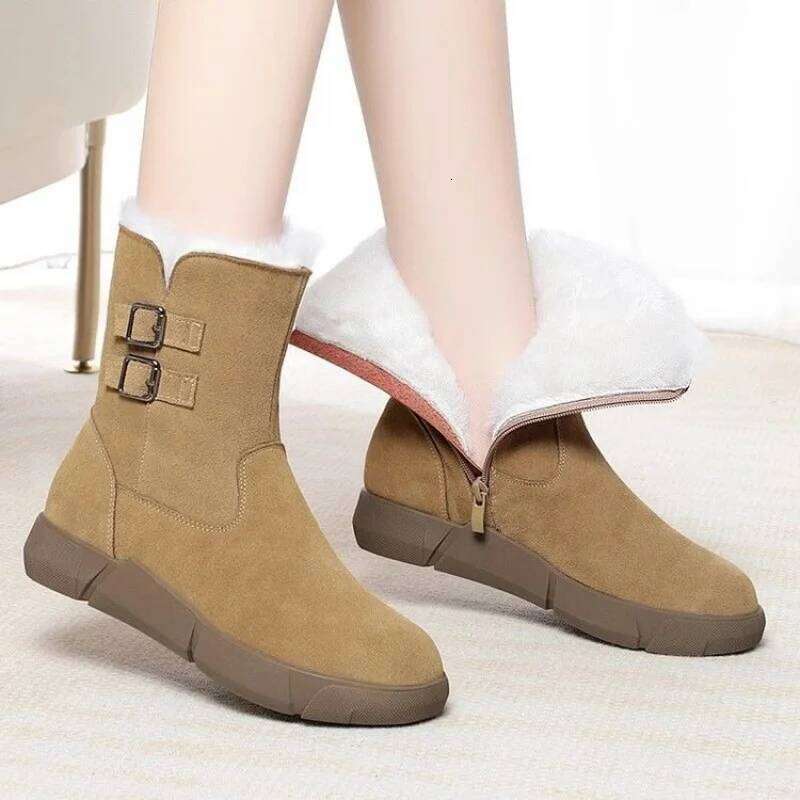 2025 New Winter Women's Snow - Minimalist Double Buckle Side Zipper Fleece-Lined Warm Mid-Calf Boots