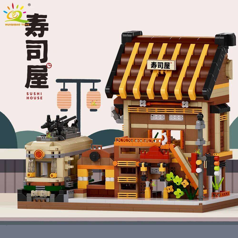 HUIQIBAO MOC Japan Sushi Octopus Yaki Street Shop model Micro Building Block Model Mini Brick Toy for Children Desk Decor. Z260306