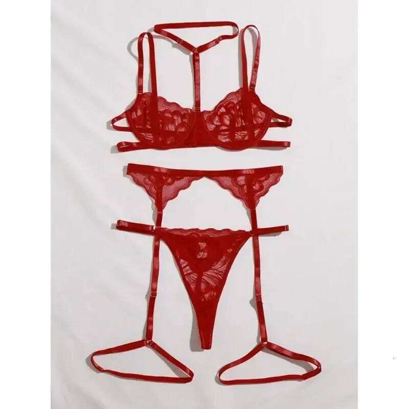 Women's Sexy Set Floral Lace Underwear Suit For Women Mesh Hollow Out Suits Female Bra Thongs Three-piece Lingerie