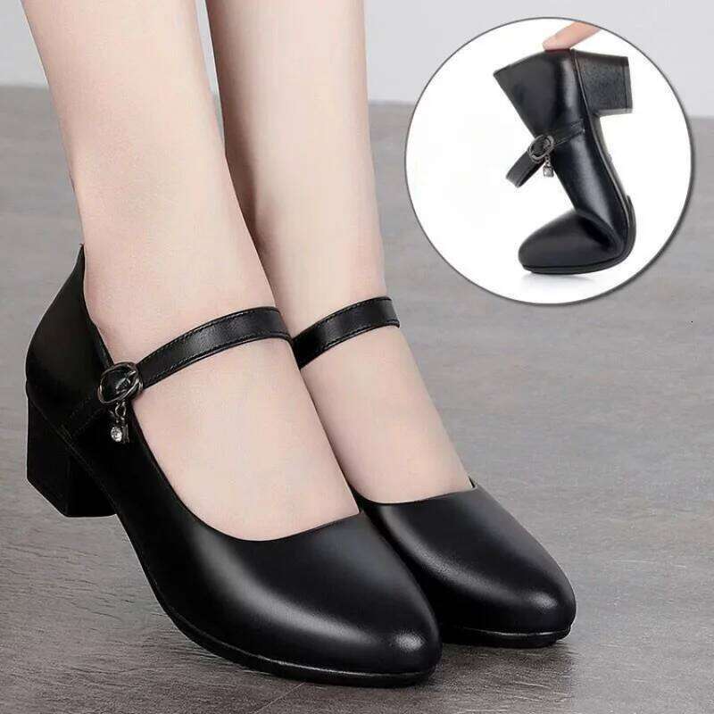 New A/W Women's Medium Heel Pumps - Soft Leather Non-Slip with Adjustable Buckle, Comfortable for Daily & Casual