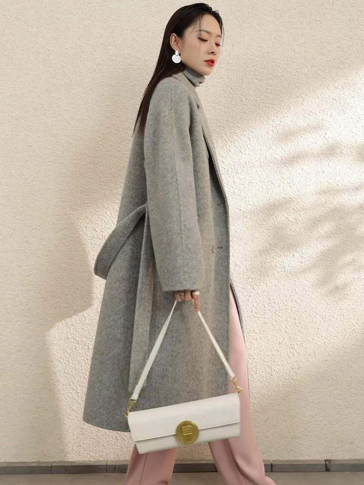High Grade Gray DoubleSided Cashmere Coat For Women In Autumn And Winter With Hand Sewn Lapel Double Breasted Long 260228
