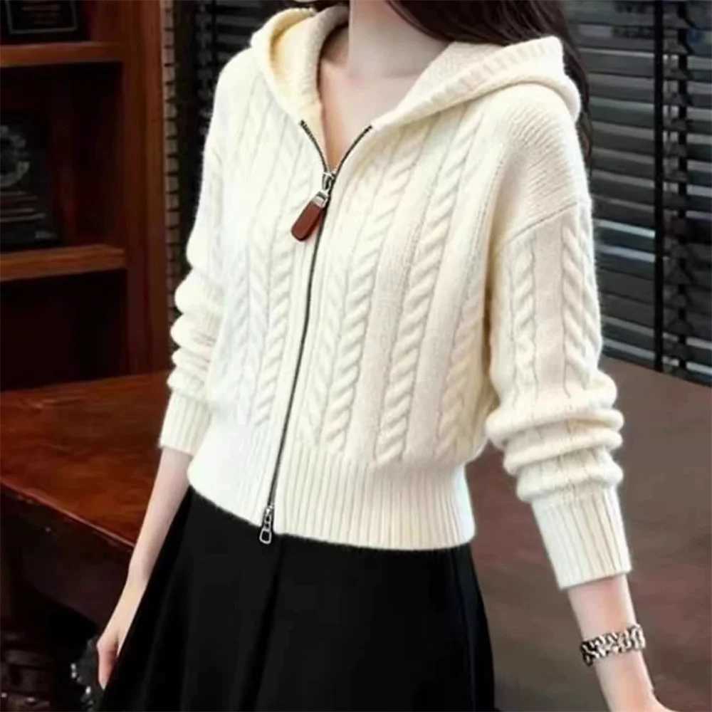 Womens Fashion Knitted Zipper Hooded Cardigan Sweater Jackets Spring Autumn Winter Korean Style Twist Sweater Cardigans Clothes M260306