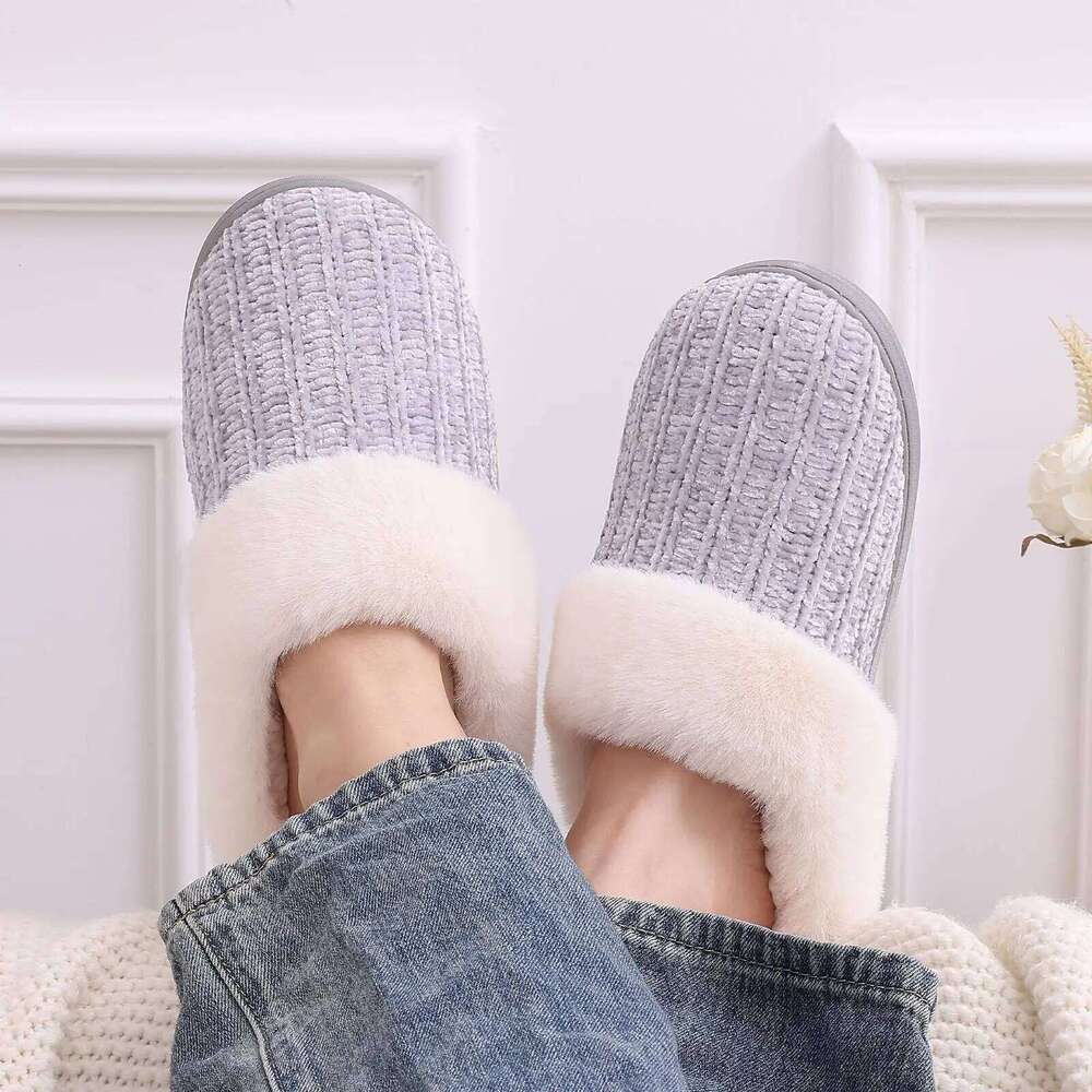 Litfun Winter Furry Women's Chenille Non-slip Cozy Slides With Memory Foam Wool-Like Lined Warm Indoor Outdoor Slippers