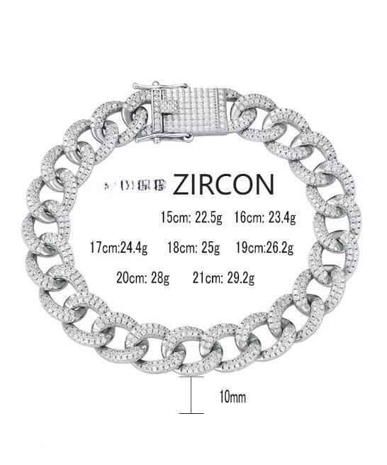 Factory Wholesale Fashion Jewelry 925 Sterling Silver Rhodium Plated 10mm CZ Zircon Cuban Chain Link Bracelet 12/15