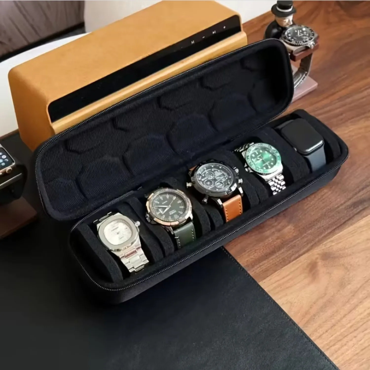 1pc 5-Slot Watch Case Hard Shell Travel Organizer with Pillow Insert - Gift Ready Blacksuitable for smart watch storage 260304