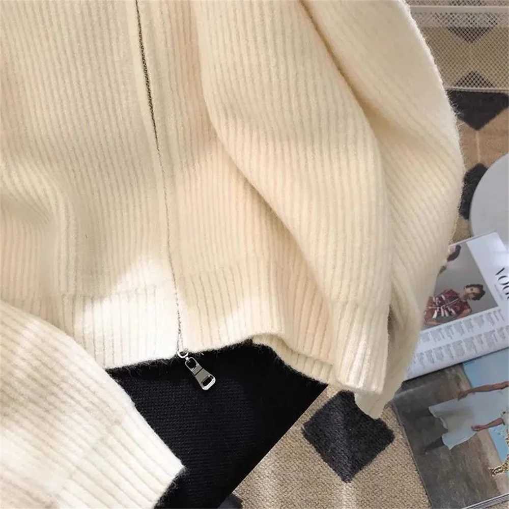 Double Zipper Vintage Flip Collar Women Harajuku Autumn Winter Knitted Cardigan Sweater Jacket Student Korean Version Ladies Top M260306