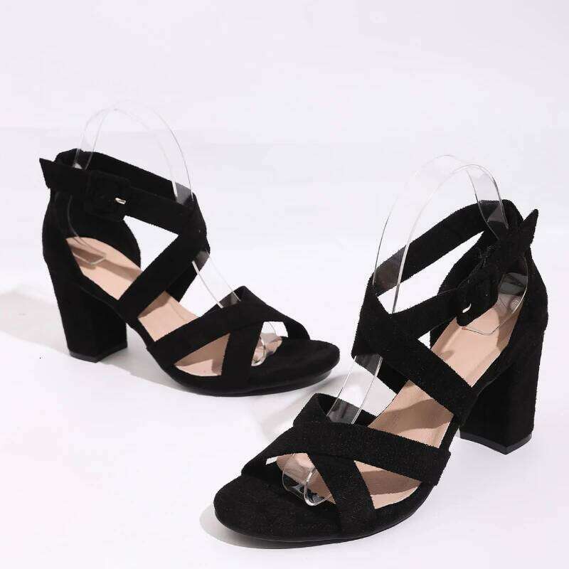 2025 Summer Women's New One Word Buckle Casual Black Simple Style High Heel Sandals