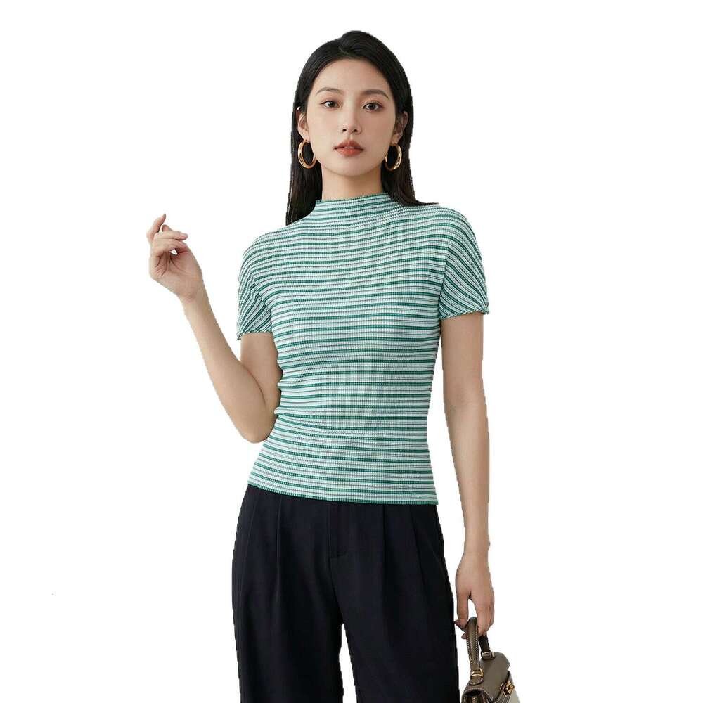 Miyake half-high collar pleated T-shirt for women, 2026 summer new short-sleeve slim-fit blue and white Designer striped top