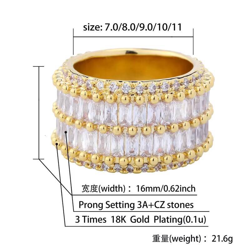 Wholesale Double Row Square Cubic Zircon Lab Diamond Rhodium Plated Round CZ Rings Luxury Hip Hop Jewelry for Men Women