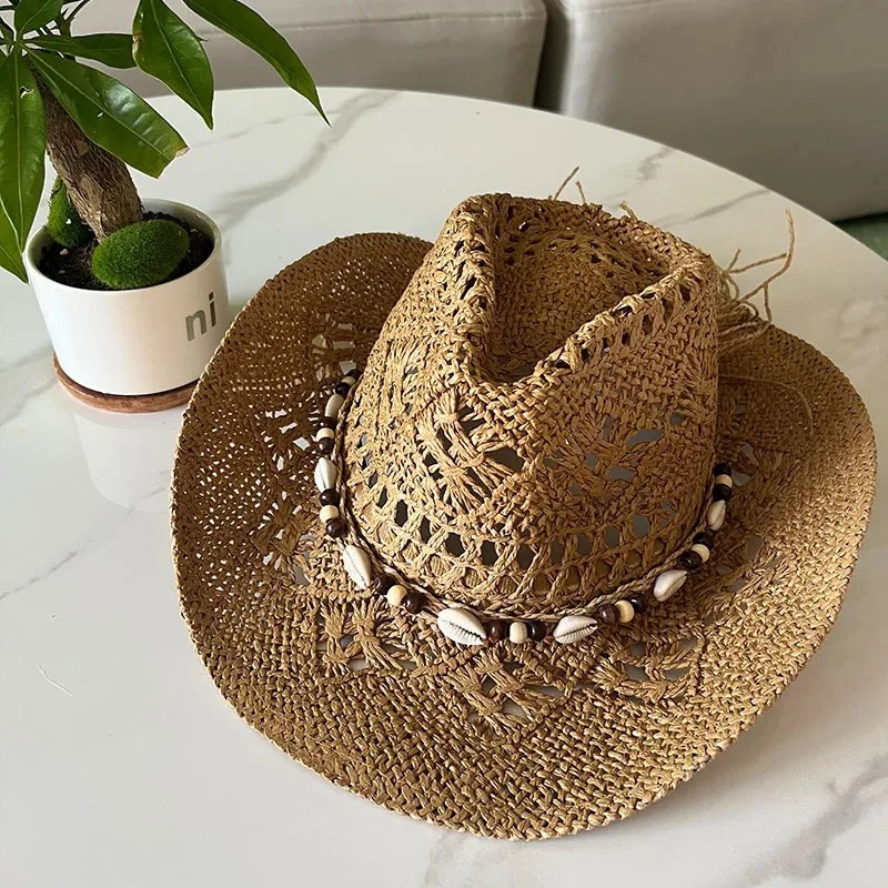 Summer Bohemian Shell Straw Hat Beach Women Men Cowboy Hats Wooden Beads Hollow Out Western Wide Brim Sun Hat Holiday Cap 260228