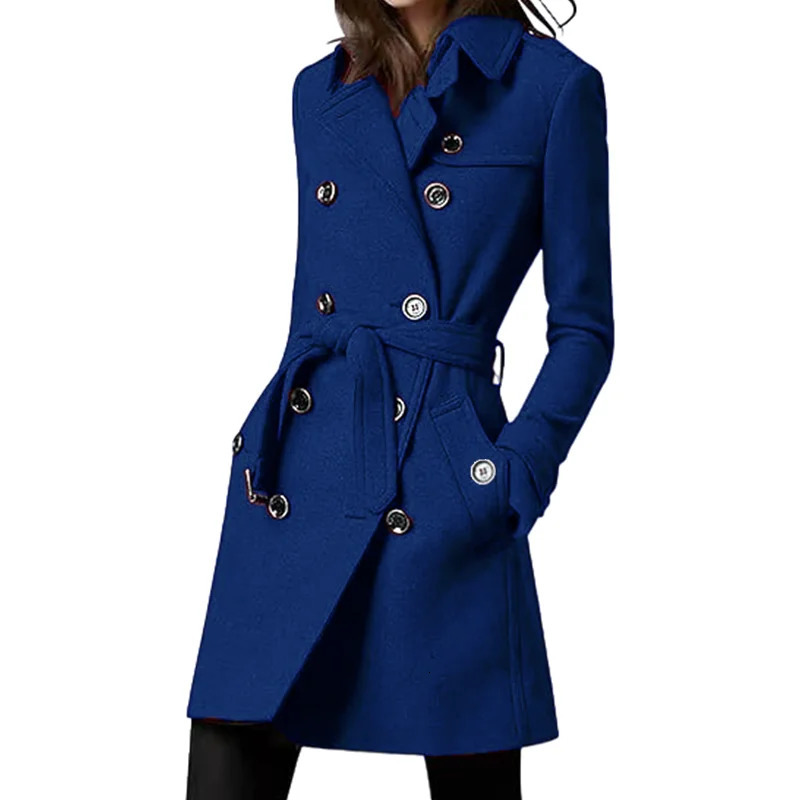 Womens Trench Coat Wool Blends Double Breasted Lining Jacket Belt Shoulder Badge Casual Coats Streetwear Clothing 260228