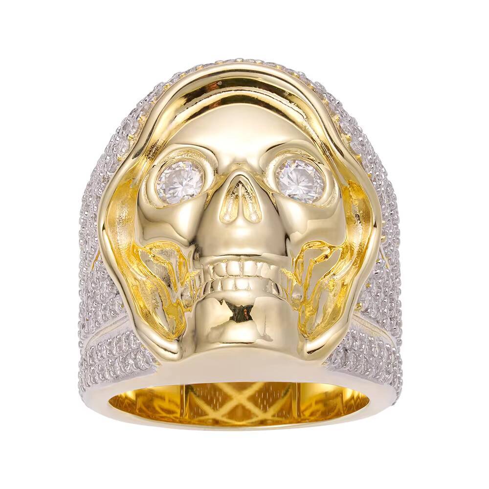 Hip Hop Personality Jewelry Retro 14K Gold Plated Iced Out Moissanite Diamond 925 Silver Skeleton Ring for Men