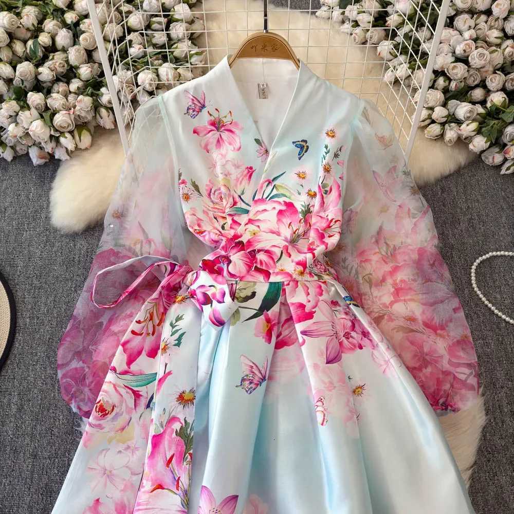 European Fashion Printed Dress Woman 2026 New Slim Waist Lantern Sleeve Temperament Big Swing Robes Gauze Splicing Vestidos X260306