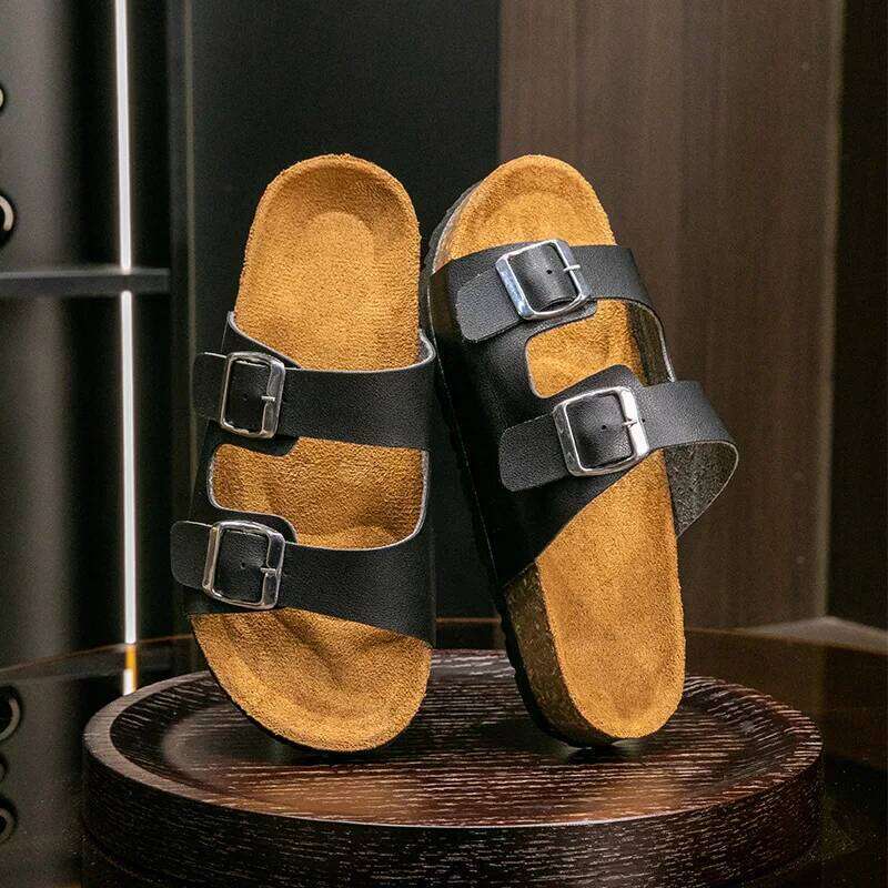 Classic Cork Slippers For Women New Fashion Suede Flats Sandals Summer Couple Beach Slides Shoes With Adjustable Buckle