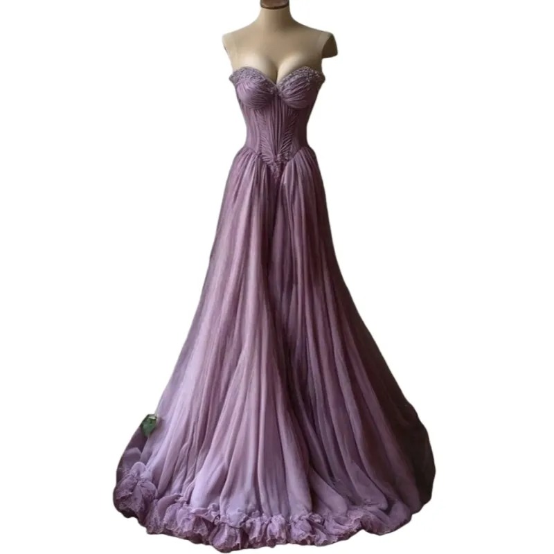 2026 Fantasy Princess Prom Dresses Ruffles Pleats A-Line Long Dusty Purple Tulle Evening Gown Sweetheart Sleeveless Reception Dress