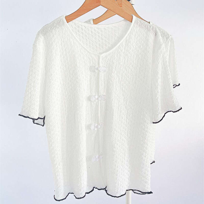 Chinese Sle ort Sve Silk Chiffon irt Women's Faionable Slim Fit Summer Top V-Ne Straight Cut Polyester Fiber