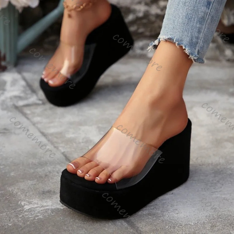 Comemore Summer PVC Transparent Strap Sandals Slipper Fashion Thick Bottom Outside Wear Womens Shoes 10cm High Heeled Sandales 260306